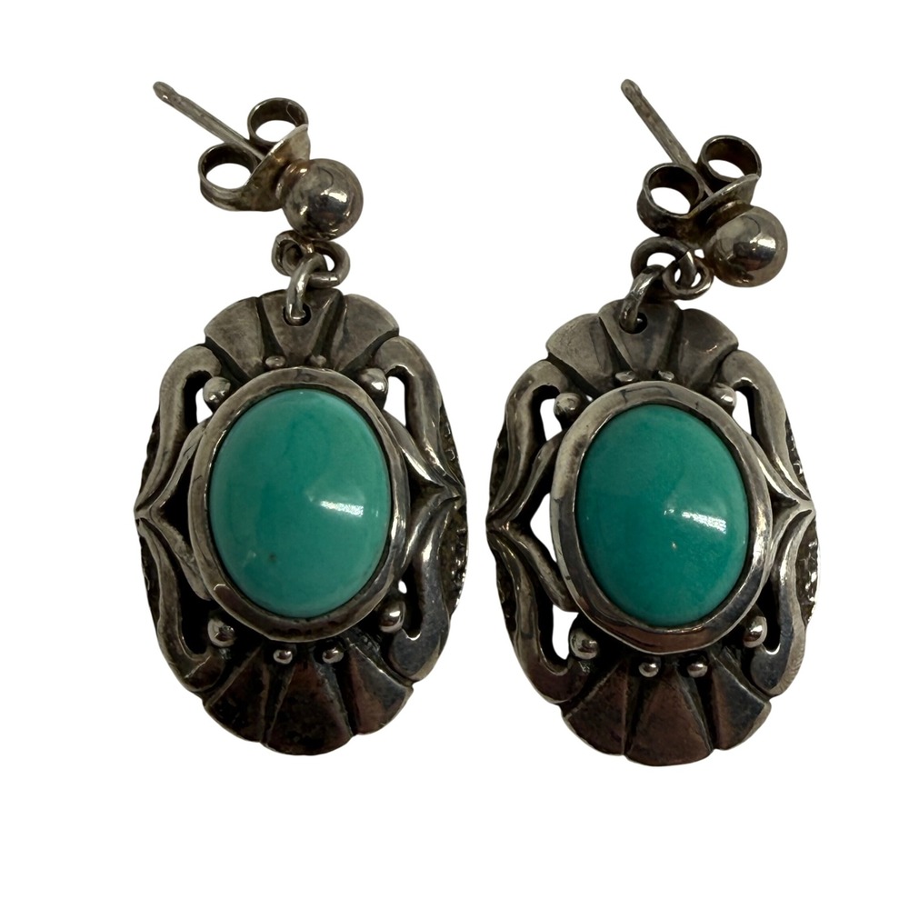 Vintage‎ 925 Sterling Silver Genuine Turquoise Dangle Earrings Boho Southwestern